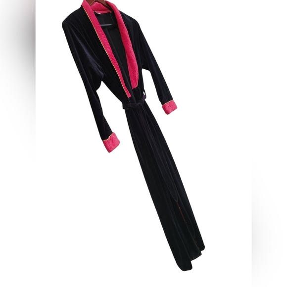 Vintage Christian Dior Womens Pink Black Velvet Belted Robe Kimono USA - Picture 2 of 7